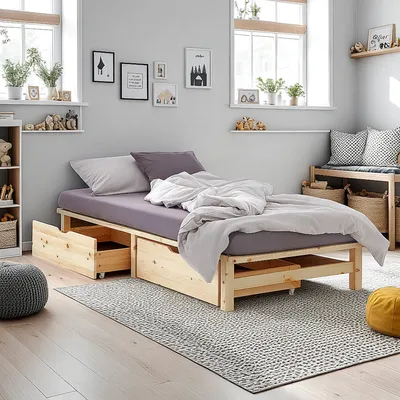 Produktbild von Homestyle4u Holzbett Jugenbett 100x200 Palettenbett mit Lattenrost 2 Bettkästen Natur