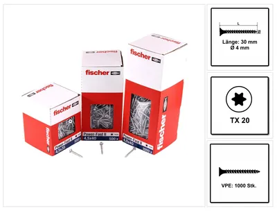 Produktbild von fischer Spanplattenschraube PowerFast, FPF II CTF 4,0 x 30 BC 1000 Senkkopf mit Innenstern TX Vollgewinde galvanisch verzinkt, blau passiviert, 1000 Stück