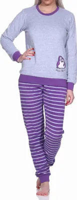 Produktbild von Damen Frottee Pyjama langarm mit Bündchen und niedlicher Pinguin Stickerei - 291 13 779 ; lila , 36