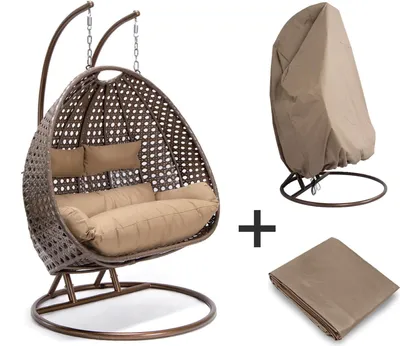 Produktbild von HOME DELUXE - Hängesessel TWIN - Braun, Höhe 195 cm - inkl. Regenabdeckung, Gestell, Sitz- und Rückenkissen I Polyrattan Hängestuhl Gartenschaukel Hängekorb