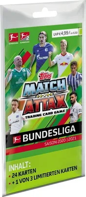 A blister pack of Topps Match Attax trading cards for the 2020/2021 Bundesliga season.