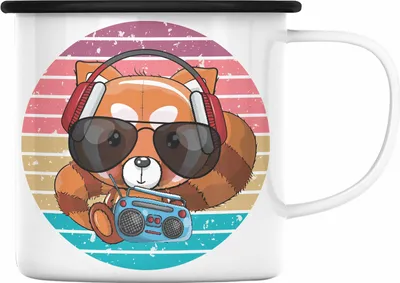 Produktbild von Trendation - Cooler Roter Panda Emaille Tasse Musik Kinder Geschenkidee für Jungs Mädchen Lustige Grafik (Schwarz)