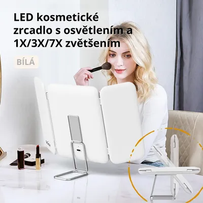 Obrázek produktu pro LED kosmetické zrcadlo s osvětlením a 1X/3X/7X zvětšením – dotykové ovládání, skládací trojkřídlé zrcadlo – stolní i cestovní – bílá