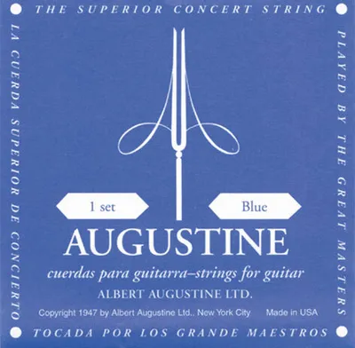 The image is a product label for Augustine guitar strings, featuring the brand name, product type, and descriptive text.