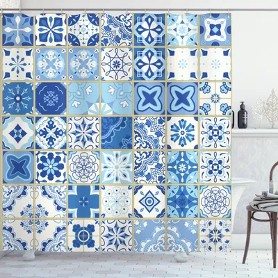 Image de Rideau de douche ABAKUHAUS Azulejos, divers motifs abstraits sur le thème de la céramique méditerranéenne, forme carrée, 175 x 200 cm, blanc, bleu, gris, jaune