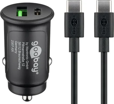 Produktbild von Dual-USB Auto-Schnellladeset USB-C™ (27 W) Kfz-Ladeadapter mit 1x USB-C™ und 1x USB-A, USB-C™-Kabel, 1 m, schwarz
