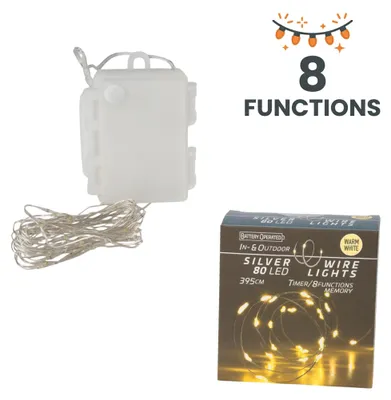 Productafbeelding van Draadverlichting, 795 cm lang, met 160 LED's en 8 lichtfuncties - warm wit - Tuindecoratie, verlichting voor binnen en buiten, werkt op batterijen en heeft een timerfunctie