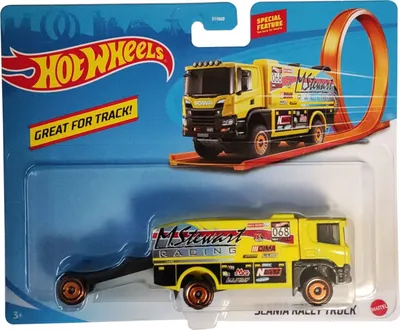Zdjęcie produktu dla Hot Wheels Transporter - świetny na tor! Scania Rally Truck, żółta ciężarówka, zabawka, edycja kolekcjonerska, Mattel GKC33