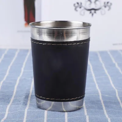 Obrázok produktu pre 4ks 170ml Mini prenosný pohár na kávu a víno z nehrdzavejúcej ocele s koženým krytom
