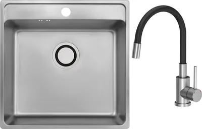 Produktbild von VBChome Edelstahlspüle mit Armatur 49x48x21 cm Inox Glatt Edelstahl Einbauspüle mit Hahnloch Groß Becken Siphon Armatur Schwarz mit flexiblem Auslauf