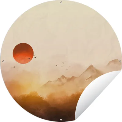 Produktbild von MuchoWow® Gartenposter Outdoor-Poster Rund Malerei - Sonne - Landschaft - Vögel Ø 150 cm Gartendeko Rundes Poster draußen