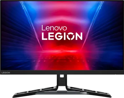 A Lenovo Legion gaming monitor is displayed front and center against a vibrant, abstract background.