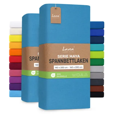 Produktbild von Lavea® 2er Pack Jersey Spannbettlaken 140/160x200 cm, 100% Baumwolle – Weiches Bettlaken für Matratzen bis 20 cm Höhe – Himmelblau