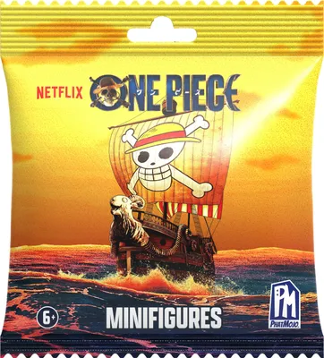 A sealed bag of One Piece minifigures with a sunset and ship graphic.