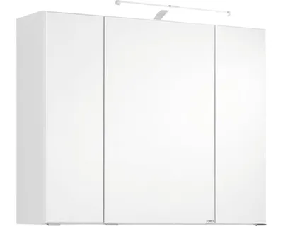 A white medicine cabinet with a mirror and a light fixture above it.