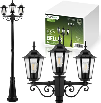 Produktbild von LUMILED 3-ramenný vintage lampáš na cestu 230V 2,09 m výškovo nastaviteľný, čierny, hliníkové sklo 3x zásuvka E27 IP44 záhrada