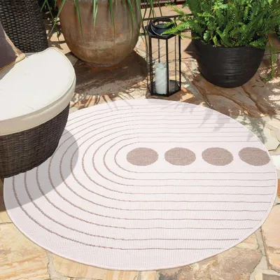 Produktbild von Teppich Outdoor Wetterfest - Beige, Creme - Wendeteppich - 120 cm Rund - Kreis-Muster