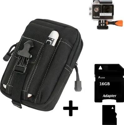 Produktbild von Kompatibel mit Rollei Actioncam 425 Gürteltasche / Holster schwarz Schutz Hülle Kameratasche Fototasche Case Bag + 16 GB Memorycard Extrafächer,