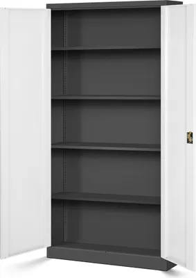 An empty metal cabinet with its doors open, showing multiple shelves.