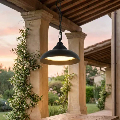 Produktbild von LED Außenlampe hängend 25 cm breit H: max. 73 cm IP54 3000 K 1200 lm Schwarz Aluminium Pendelleuchte außen Veranda Garten