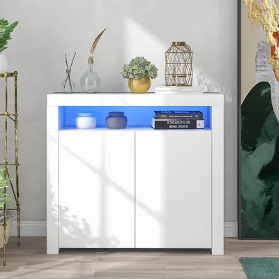 Produktbild von MODFU Kommode Hochglanz Sideboard mit LED-Belechtung und 2 Türen, Weiß