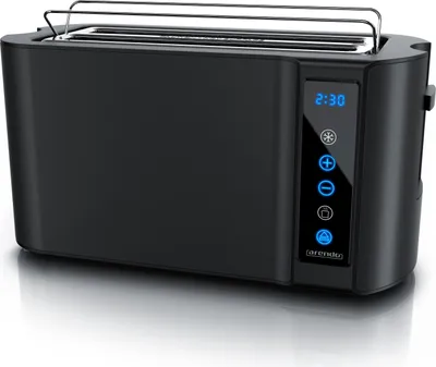 A black toaster is shown on a reflective white surface.