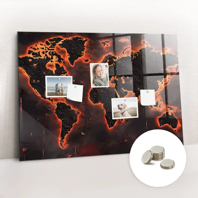 Obrázek produktu pro Magnetická Tabule na Zeď Skleněná - Memo Board Kleněnou Přední Stranou - 5 magnetů v balení - 100x70 cm - Mapa světa