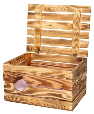 Produktbild von Große Katzenhöhle in geflammtem Holz mit Kissen 60x45x35cm