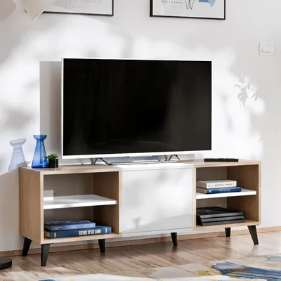 Produktbild von Fondi RTV Schrank, weiß mit hellem Holz - 2 Einlegeböden und Tür, 136x35x49 cm