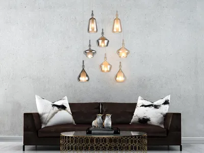 Produktbild von Augefallene Cluster Pendelleuchte mehrflammig mit 8 Glasschirmen & E14 LED Ø72cm