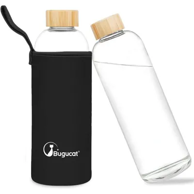 Productafbeelding van Glazen drinkfles, 1 liter, borosilicaatglas, lekvrij, zwart, 1000 ml
