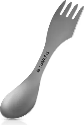 Produktbild von Navaris 3in1 Titan Camping Besteck - Outdoor Göffel Spork - Messer Löffel Gabel inkl. Tasche - Ultraleichte Essbesteck Kombi - Reisebesteck in Grau