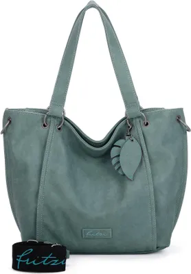 A teal shopper bag with a leaf charm and a detachable strap.