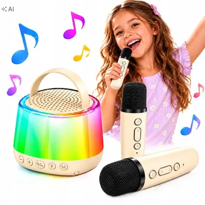 Obrázek produktu pro Karaoke reproduktor Bluetooth s RGB LED, sada s 2 bezdrátovými mikrofony, 5W, USB-C / K29 / Béžová