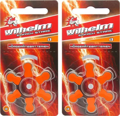 Two packages of hearing aid batteries are shown side-by-side against a background of red and orange lightning bolts.