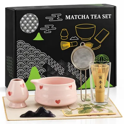 Imagen del producto de Juego de té Roxlin Matcha (7 piezas): cerámica, batidor de bambú para matcha, taza hecha a mano, colador y accesorios. Diseño: corazón