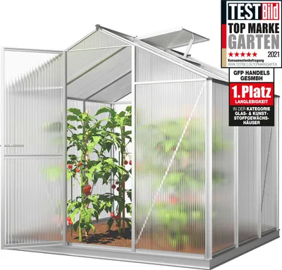 Produktbild von GFP Gewächshaus ECO-Star 3 Alu-Rahmen 192x192 cm 6 mm Doppelstegplatten, mit Fundamentrahmen automatischer Fensteröffner