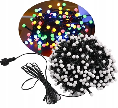 A string of colorful Christmas lights with a black wire and connector.
