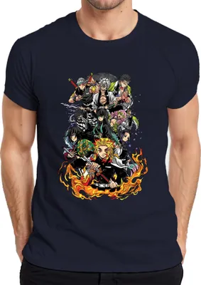 Zdjęcie produktu dla Męska koszulka anime Vintage Demon Slayer Rengoku Tanjiro Nezuko Group Fire, granatowy, L