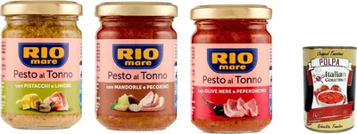 Produktbild von Rio Mare Pesto al Tonno testpaket, Thunfischpesto kochsauce mit Mandeln und Pecorino - mit Pistazien und Zitrone - mit schwarzen Oliven und Chili 3x 130g + Italian Gourmet polpa 400g
