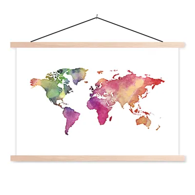 Produktbild von MuchoWow® Textilposter Weltkarte - Wasserfarben 60x40 cm mit holzfarbenen Rahmen - Bilder