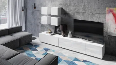 Produktbild von Wohnwand CALABRINI-18 Wohnzimmer-Set Hängewohnwand Schrankwand Schrank TV-Schrank Moderne Anbauwand Hochglanz (Weiß)