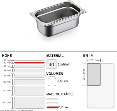 Gastronorm Behälter GN 1/4 - 20mm - GN90 - 18/8 Edelstahl - 0,7mm