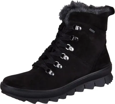 A black winter boot with fur lining.
