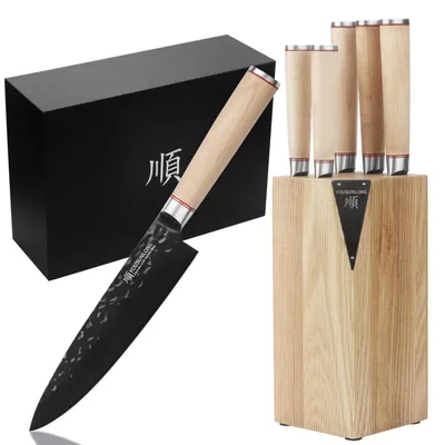 Produktbild von Messerset 5-teilig mit Messerblock aus Holz, Klingen aus japanischem AUS8 Stahl mit schwarzer Titanbeschichtung