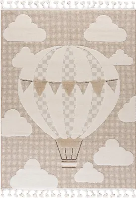 Produktbild von Mazovia Kinderteppich Spielteppich - Heißluftballon und Wolken Beige Weicher  Teppich für Kinderzimmer - Allergikerfreundlich, Fußbodenheizung geeignet - 140 cm x 200 cm