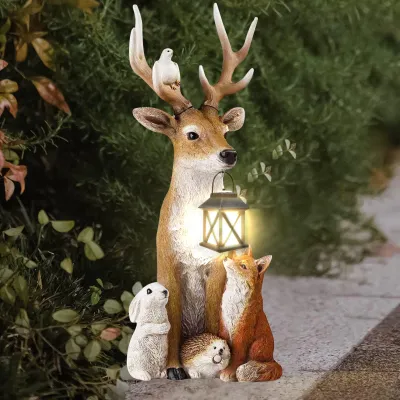 Hirsch-Dekofigur mit LED-Laterne, wetterbeständig, 32 cm, Harz