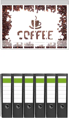 Produktbild von Wallario 6 Stück breite Ordner inkl. Klebeetiketten mit Motive Kaffee Schrift aus Kaffeebohnen -  Set mit Rückenschildern / Ordnerrücken Stickern