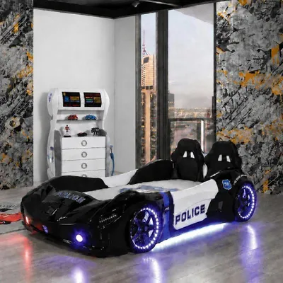 Produktbild von Autobett Police Kinderbett Rennwagen LED Beleuchtung Schwarz