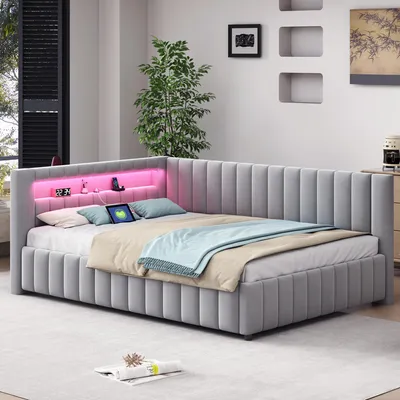 Image de Lit 140x200 cm, canapé-lit avec éclairage LED, port de charge USB, tête de lit, dossier et sommier, tissu velours gris